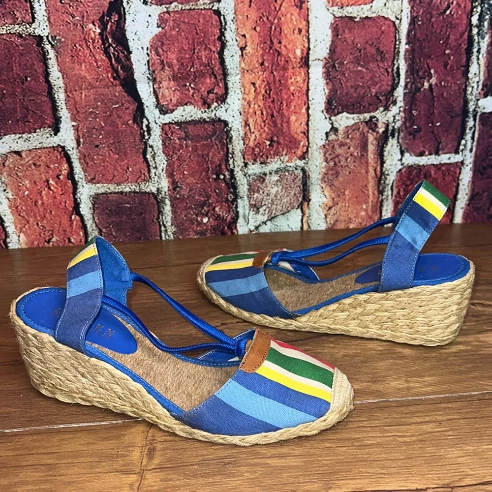 Ralph Lauren Cala Espadrille Sandals Wedge Blue Multi Striped size 8 S
